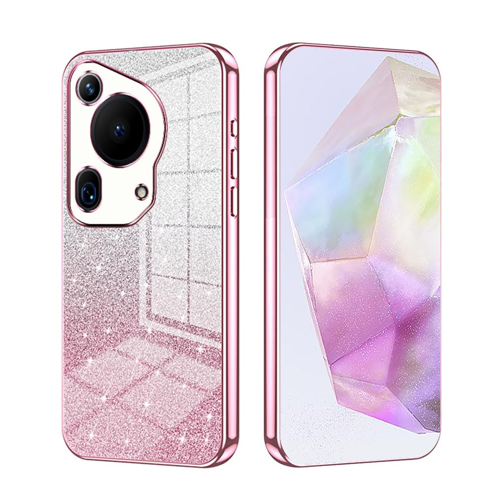SEAHAI Case for HUAWEI Pura 70 Ultra, Ultra Thin Transparent Gradient Color Shining Pattern Card Plating Design Shockproof TPU Bumper Soft Silicone Fashion Cover - Pink