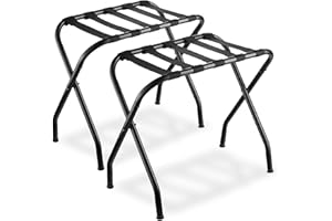 Bartnelli 2-Pack Folding Luggage Rack Collapsible Metal Suitcase Stand with Durable Black Nylon Straps- for Bedroom, Guest Room, or Hotel (Black Steel)
