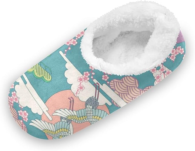 Lerous Women's Closed Back House Slippers Memory Foam Slipper Crane Japanese Pattern Warm Fuzzy