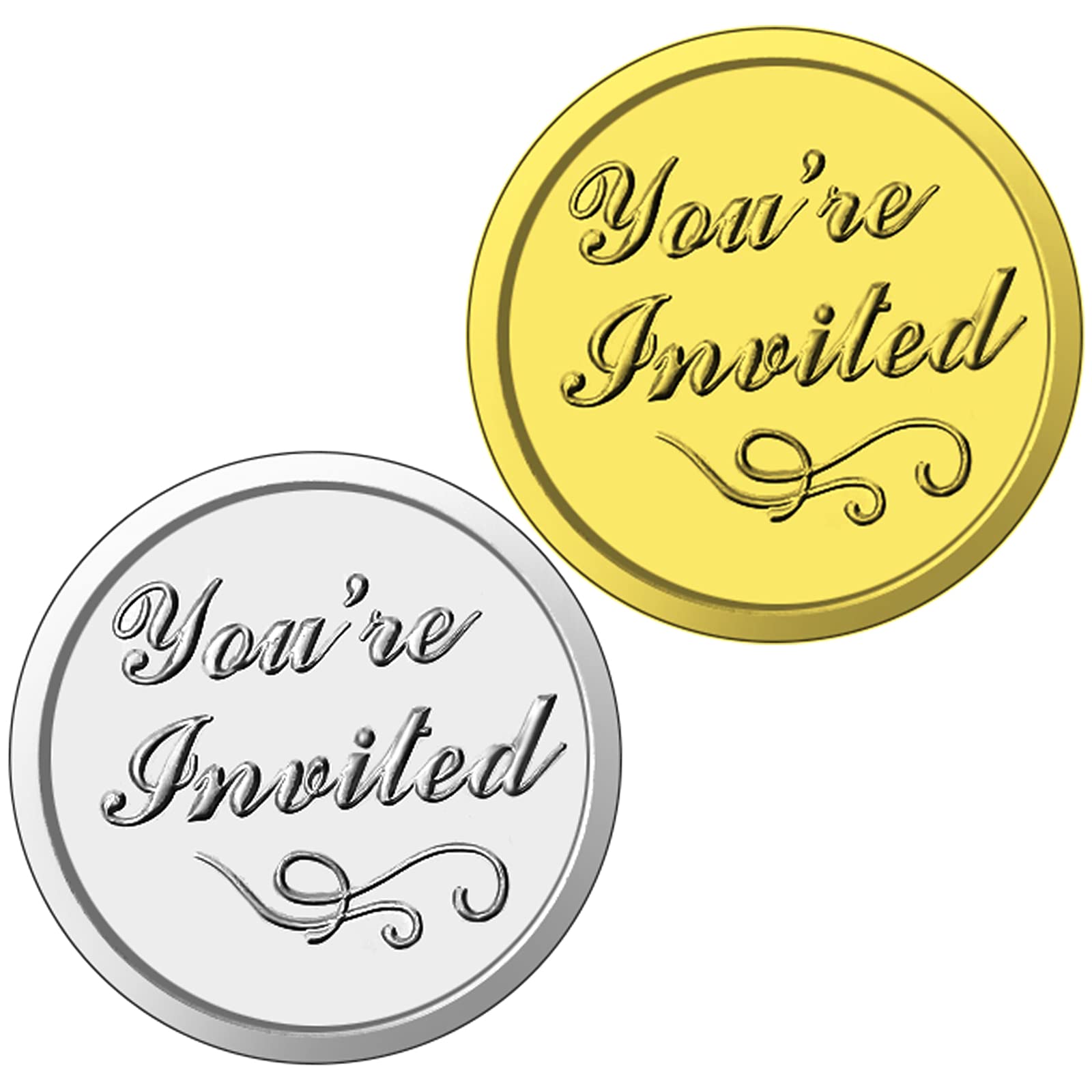 Photo 1 of 100 Pieces Silver and Gold You're Invited Embossed Foil Seals Sticker Embossed Aluminum Foil Envelopes Sticker for Wedding Envelopes Present Decoration