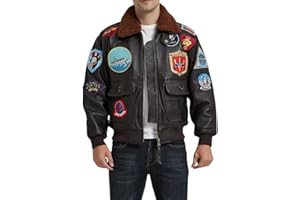 LEATHERZ HUB Mens Top Aviator USAAF Pilot Flying Tom Multiple Patches G1 Bomber Jacket Fur Collar Brown Bomber Leather Jacket