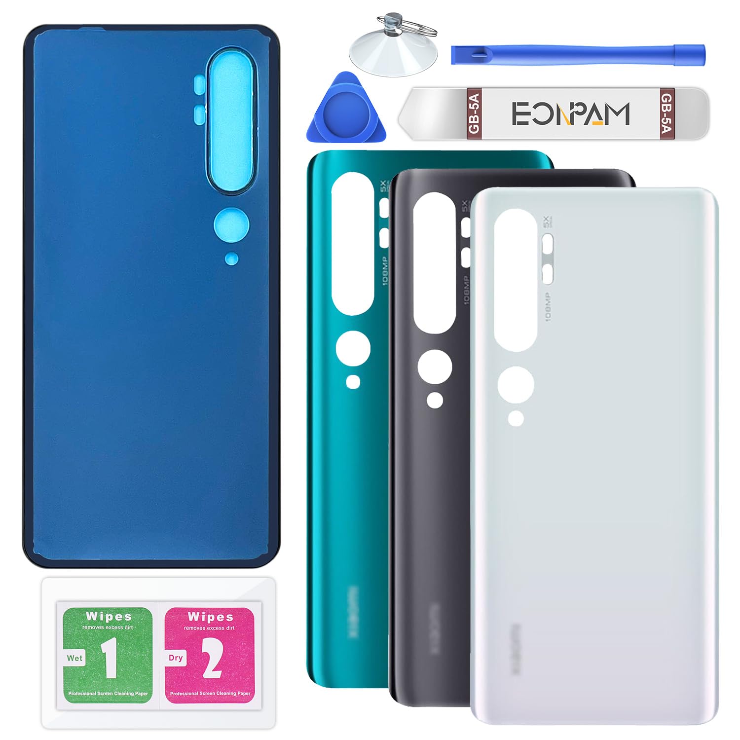 Eonpam Back Cover Glass for Xiaomi Mi Note 10 / Mi Note 10 Pro Rear Glass Replacement with Repair Kit Genuine Rear Housing (White)