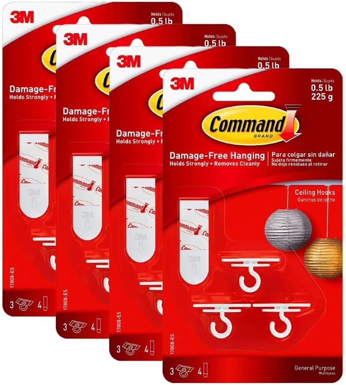 Command Ceiling Hooks, Total 12 Hooks with 16 Command Strips, 4 Pack of