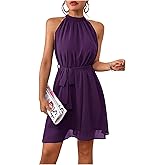 SOLY HUX Women's Halter Dress Sleeveless Belted Flowy Wedding Guest Dresses Summer Short Sundress