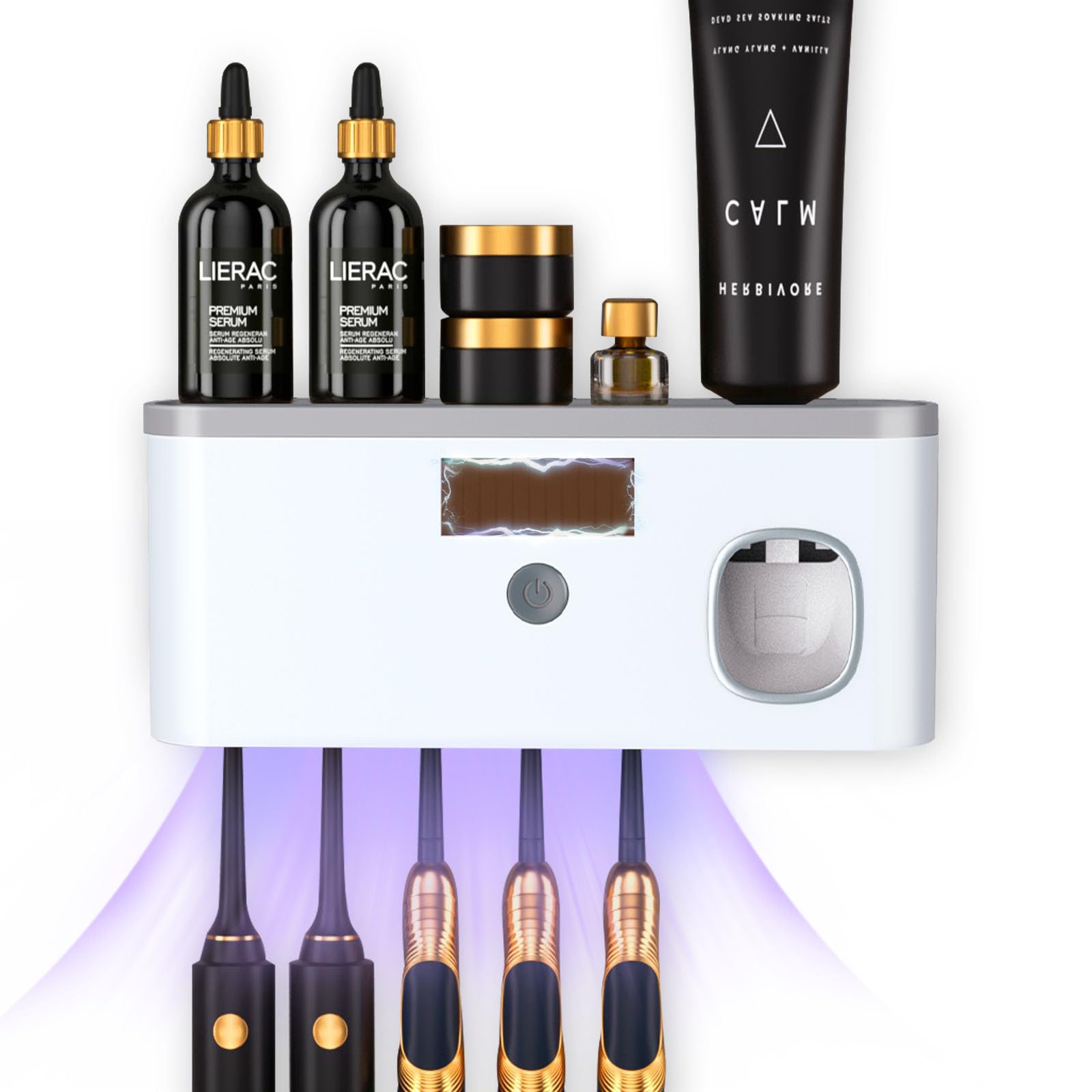 Photo 1 of CPOTAM Wall Mounted Toothbrush Holder with Toothpaste Dispenser Electric Toothbrush Holder for Bathroom Solar Charging and No Drilling Required Smart Toothbrush Organizer with 5 Brush Slots