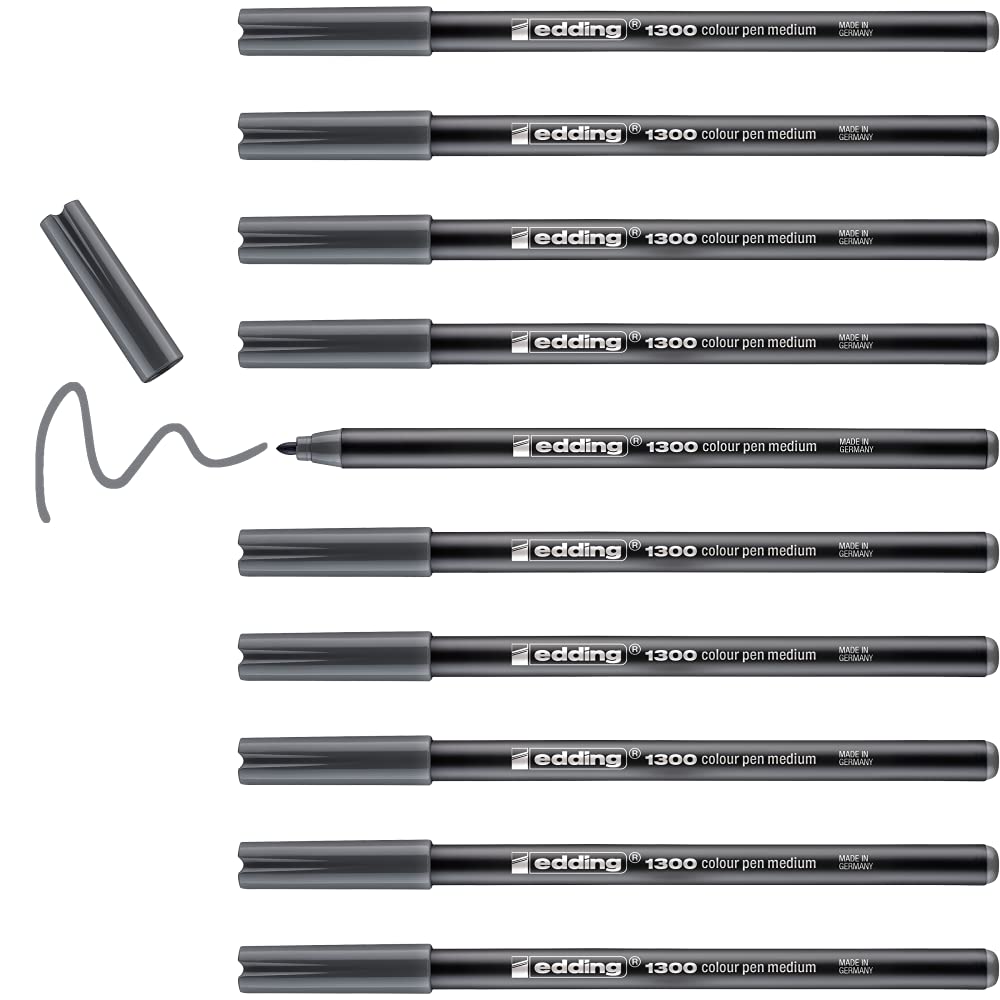 edding 1300 Medium Round Tip Felt Pen - Grey, 10 Pack - 2 mm - Water-Based Ink - Ideal for Drawing, Bullet Journals, School & Art Projects