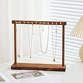 SURVART Wooden Necklace Display Stand with 12 Gold Curved Hooks-Elegant Necklace Hanger Stand for Bracelets, Earrings & Accessories-Solid Wood Small Necklace Holder Rack for Vanity, Dresser or Retail