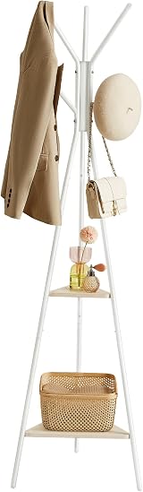 VASAGLE Rack Stand Coat Tree Hall Tree with 2 Shelves Natural Beige White