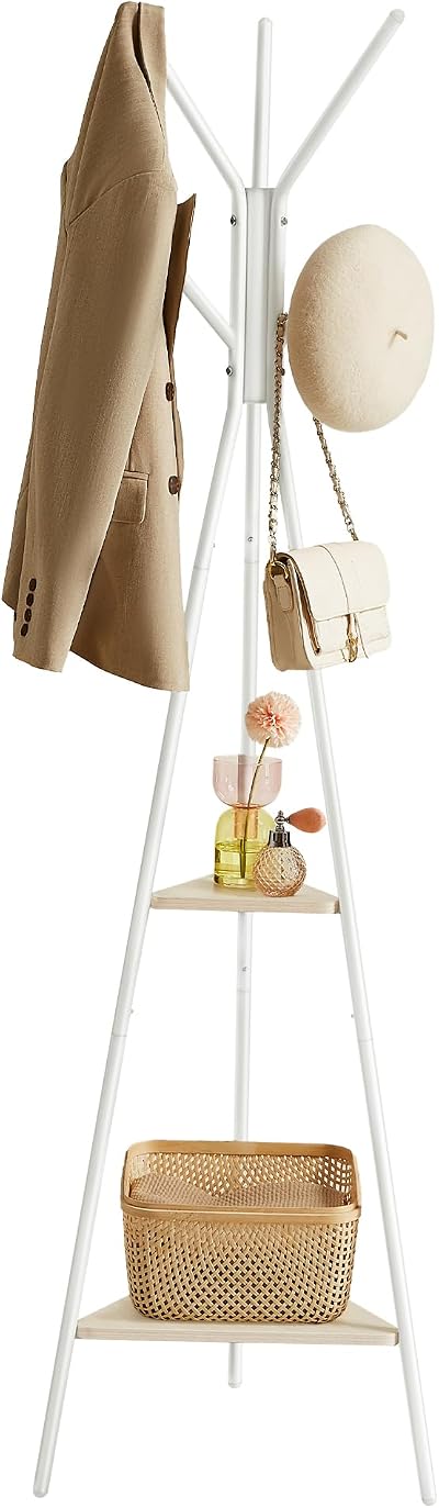 VASAGLE Rack Stand Coat Tree Hall Tree with 2 Shelves Natural Beige White
