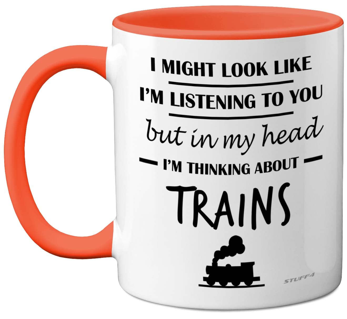 Stuff4 Steam Train Gifts for Men - in My Head I'm Thinking About Trains Mug - Funny Gifts for Spotting Enthusiasts, Spotter 11oz Ceramic Orange Handle Premium Mugs Novelty Cup