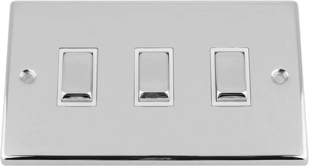 A5 Products Slimline Polished Chrome 3 Gang Rocker Switch White Insert Metal