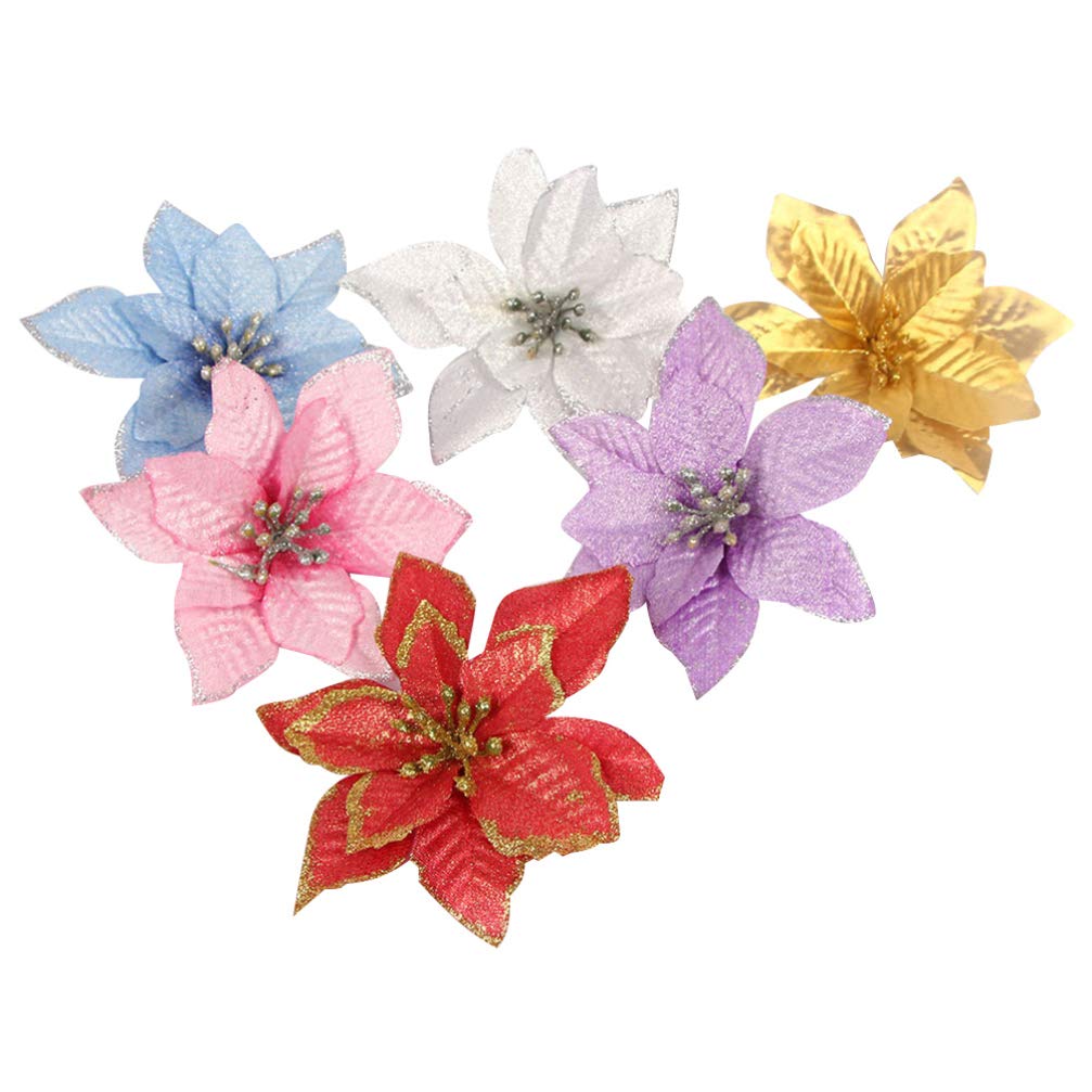 Healifty 24pcs Christmas Glitter Poinsettia Flowers Artificial Wreath Flowers for Xmas Tree Ornaments Decor (Mixed Color)