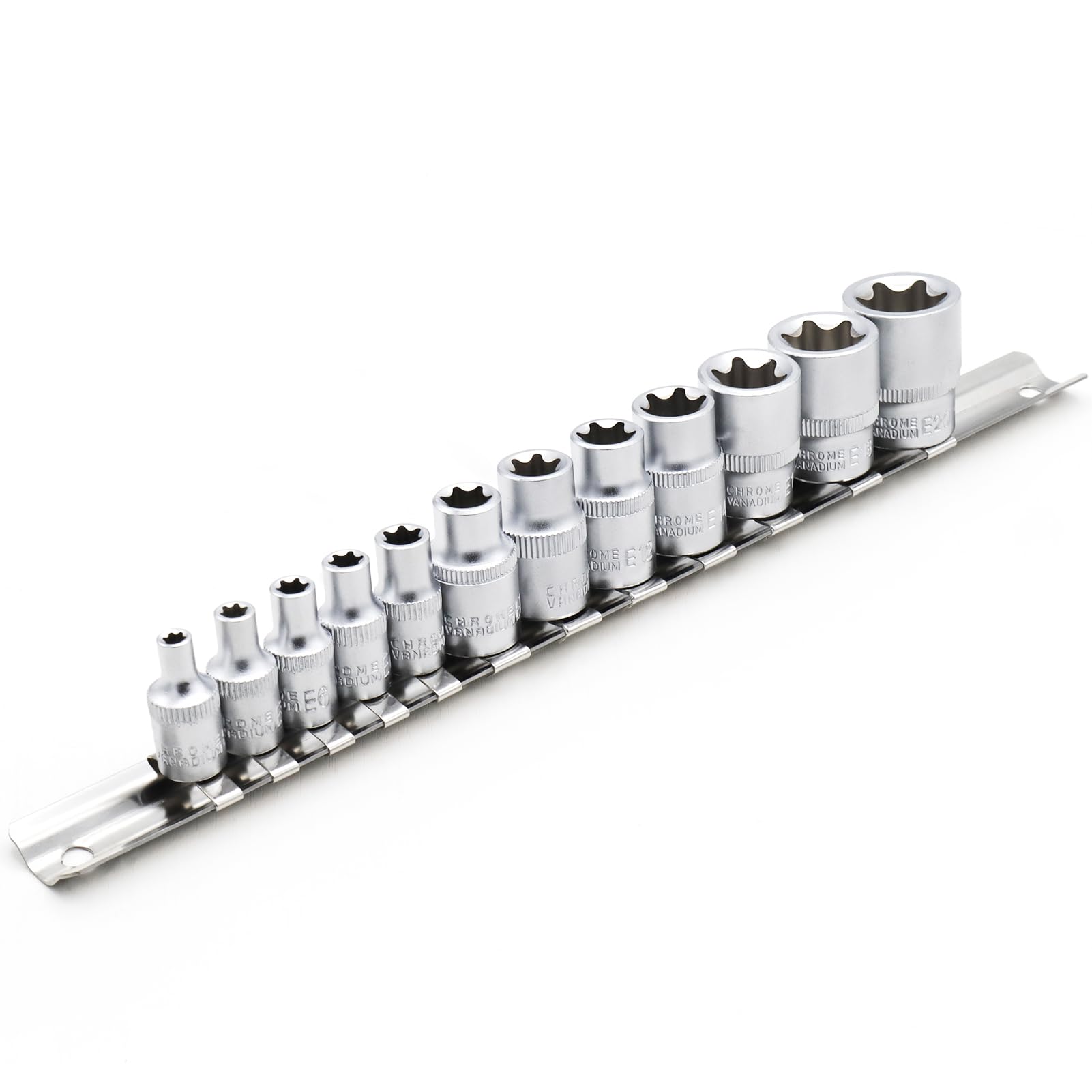 DAKCOS Female E Sockets, E-Torx Star Socket Set, 5PCS 1/4" Drive E4-E8 and 7PCS 3/8" Drive E10-E20 with Metal Rail,CR-V,25mm Long