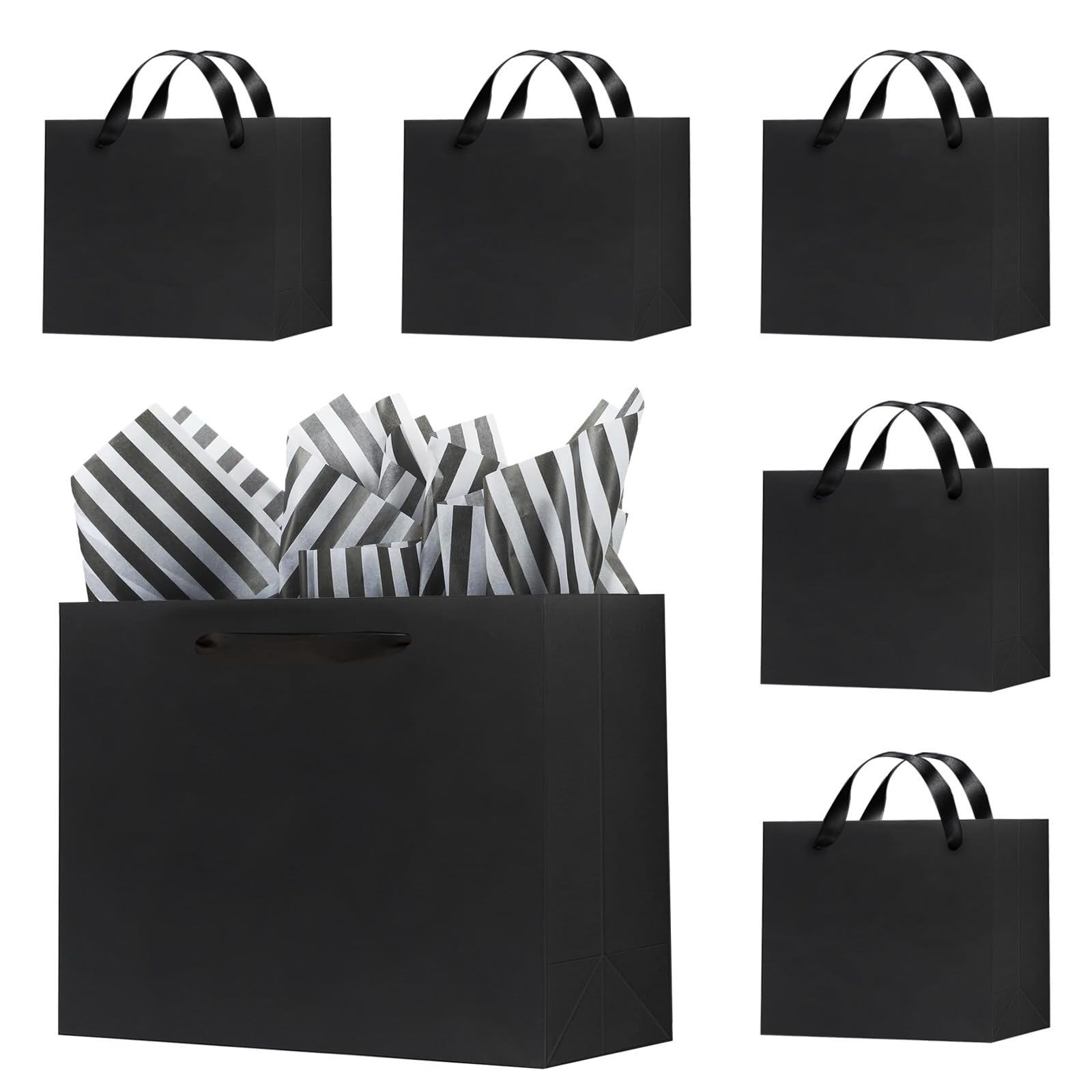Offizon 12 Pack Black Gift Bags, 8.7x3.9x7.1 Inches Gift Bags Medium Size with Tissue Paper