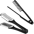 Chengu 2 Pcs Boar Bristle Brushes - Double Sided Clamp Brush and Flat Iron Comb for Straightening Knotty, Unkempt Hair (Black White, Black)