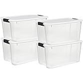 Sterilite 4 Pack Ultra Latching Box, Storage Bins with Lids, Clear Plastic, 70 Quart - Heavy-Duty Organizing Containers for Closet, Bathroom, and Office
