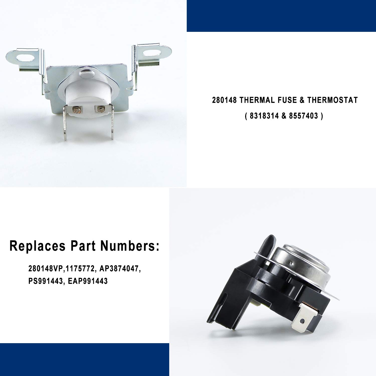 280148 Thermal Cut Off Kit Includes 8557403 Thermostat & 8318314 Thermal Fuse-Replaces 280148VP 1175772 AP3874047 PS991443 EAP991443 by AMI PARTS