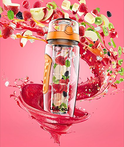 Willceal Fruit Infuser Water Bottle 32oz Durable, Large - BPA Free Tritan, Flip Lid, Leak Proof Design - Sports, Camping (Orange) - Thumbnail 5