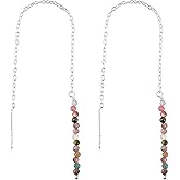 NJCRAFT Threader Earrings for Women with Gemstone Beads - 2mm Natural Gemstone, Adjustable Pull-Through Long & Short Dangle Design, 3+1 Inch Silver Plated Earrings, Lightweight Crystal Jewellery Gift
