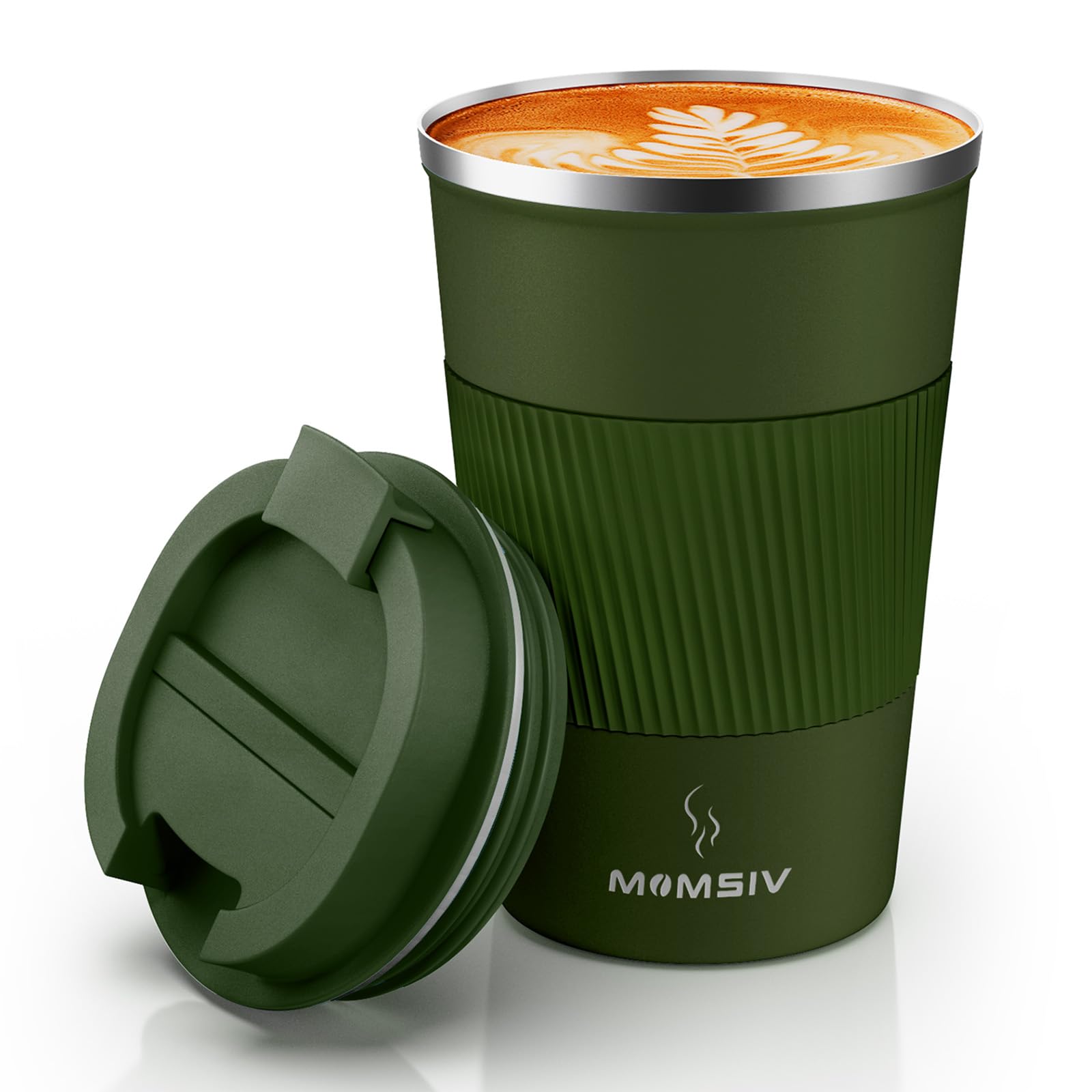 MOMSIV Coffee Cup, Insulated Coffee Cup with Leakproof Lid, Non-Slip Vacuum Reusable Stainless Steel Eco-Friendly Travel Office Mug for Hot and Cold Water Coffee and Tea, 380ml/13oz(ArmyGreen) — image 1