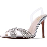 sarawill Women's Sexy Stiletto Pumps Pointed Toe Transparent PVC High Heels Crystal Rhinestones Slingback Party Wedding Shoes for Ladies Fashion