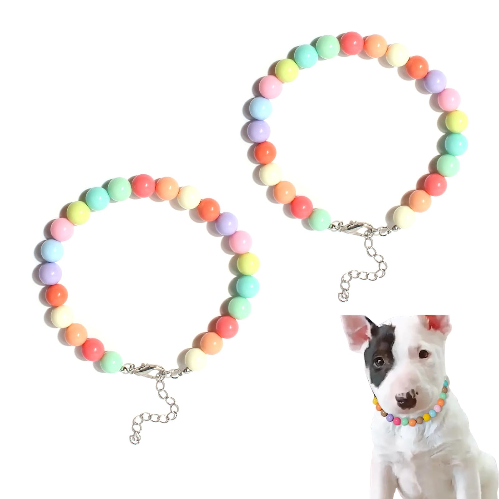 Qinuseaks 2 PCS Multicolor Dog Pearl Necklace, Adjustable Faux Pearls Pet Collar for Pets, 25cm/9.84in, All Breeds, Resin