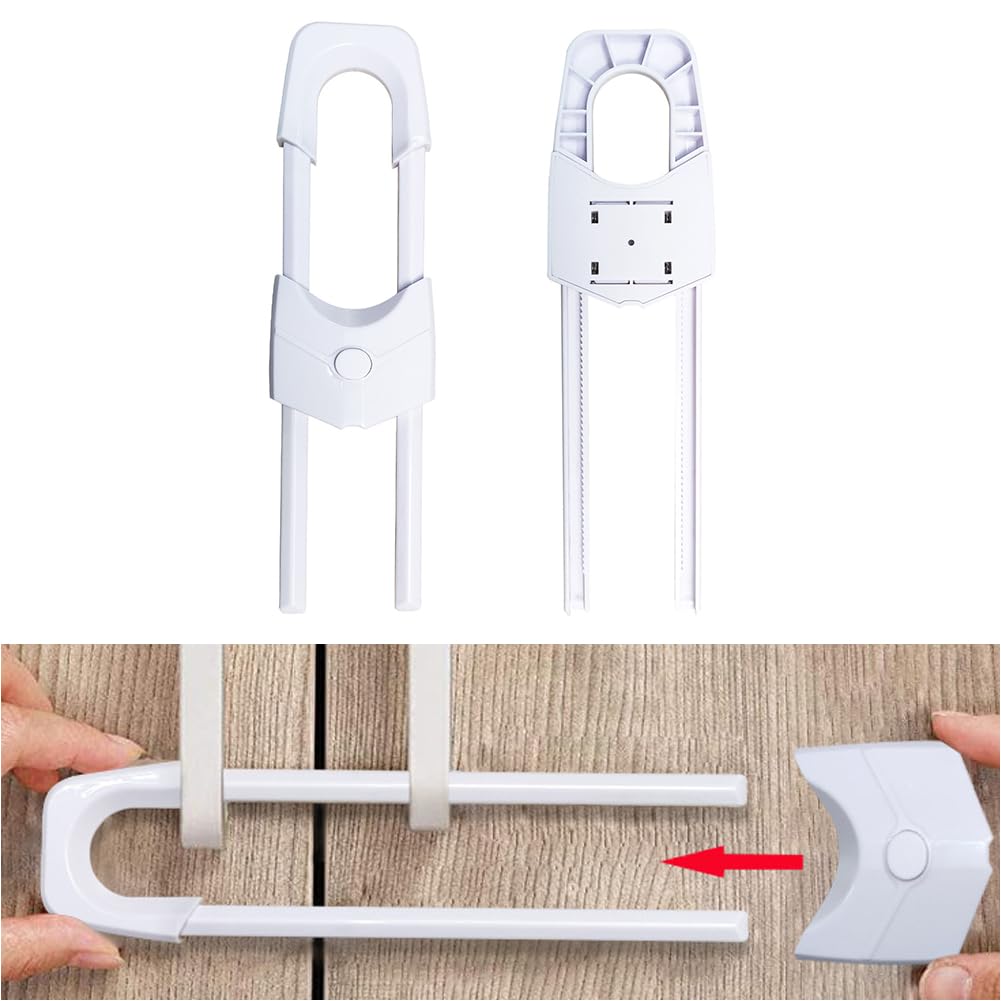 Cabinet Locks for Children, Reusable U-Shaped Baby Proofing Child Safety Locks for Kitchen Cupboard, Door, Cabinet, Closet, Fridge, Knob Handle, Adjustable, Easy to Use (White 2 Pieces)