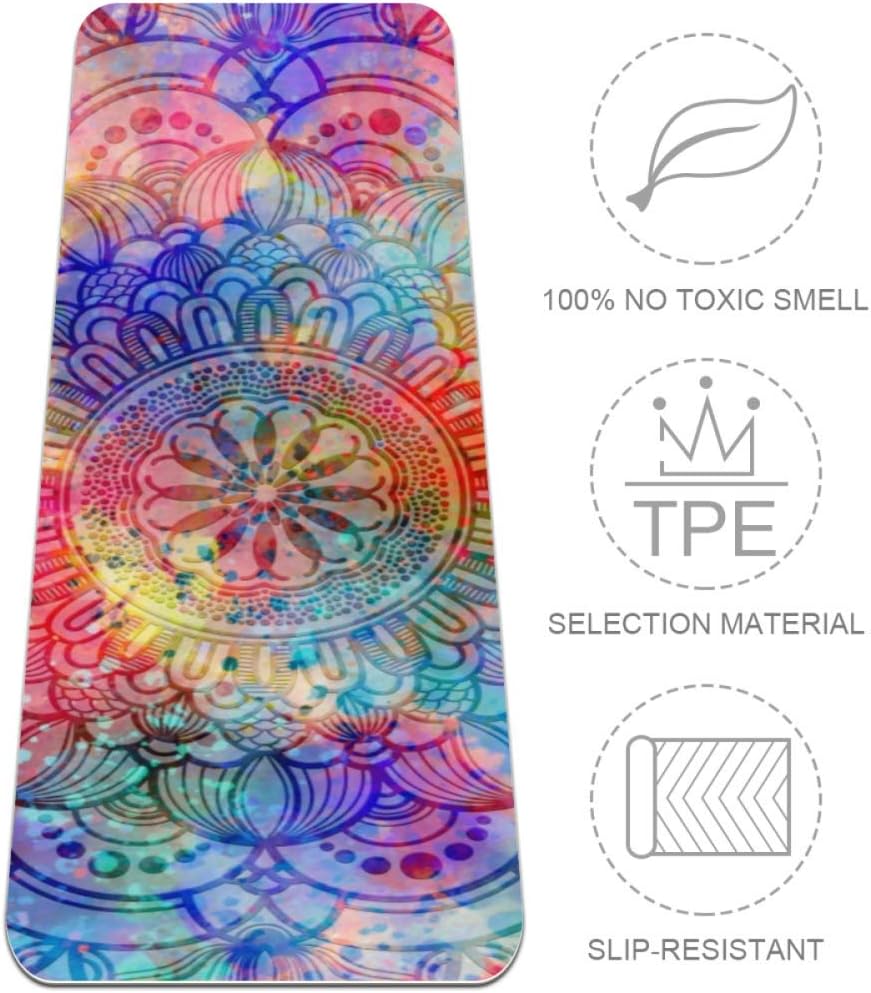 ATGTA Yoga Mat - 1/4 inch TPE Yoga Mat ECO Friendly and Non-Slip Design with Colorful Mandala for Yoga, Pilates & Floor Exercises