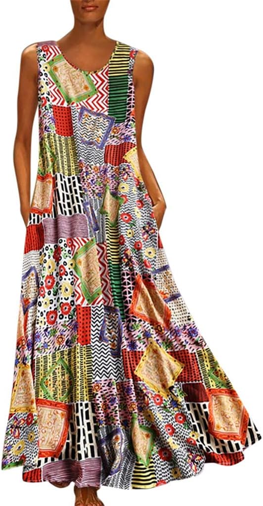 Moonuy❤Women Vintage Print Floral Patch Dress Sleeveless O-Neck Loose Maxi Women's Fashion Casual Mini Party Skirt Summer Dresses Short Sleeve Sundress …
