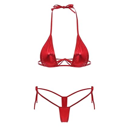 IWEMEK Damen Metallic Glänzend Micro Mini Bikini Push Up Set Sexy Dessous Wetlook BH String Unterwäsche Badeanzug Bademode Re
