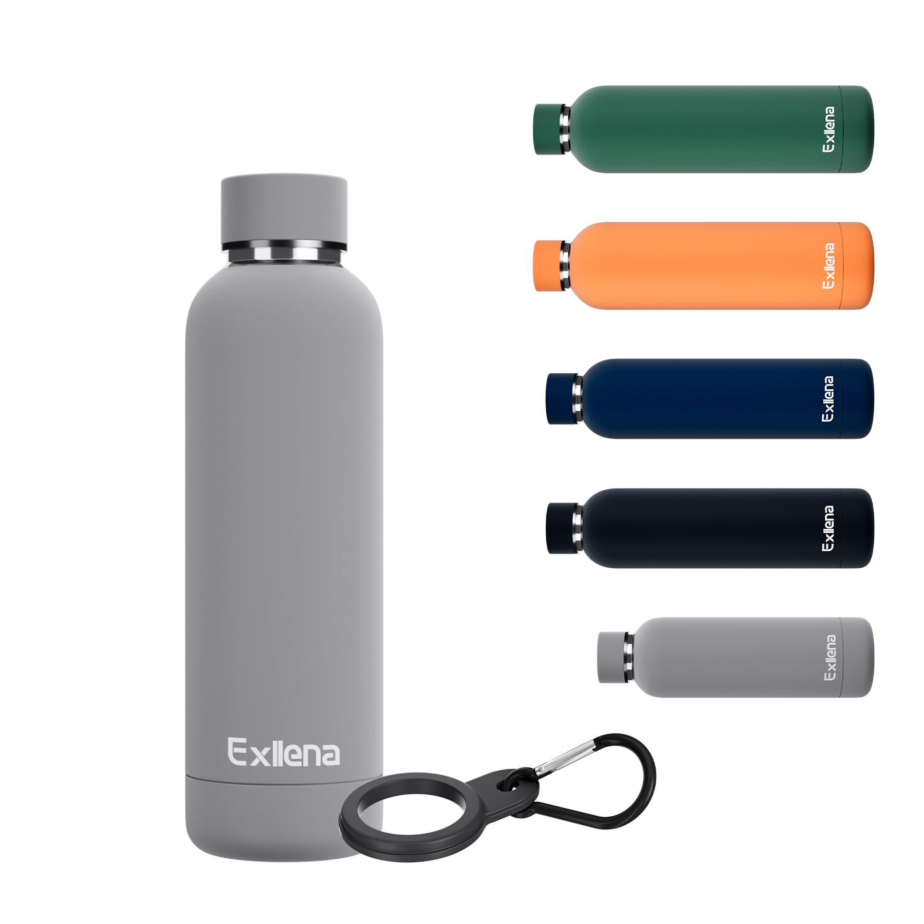 Exllena Insulated Water Bottles 500ml with Clip, Double Wall Vacuum Drinks Bottle Keeps Drinks Cold 24 Hrs/Hot 12 Hrs, Stainless Steel Water Bottle BPA Free (Grey)