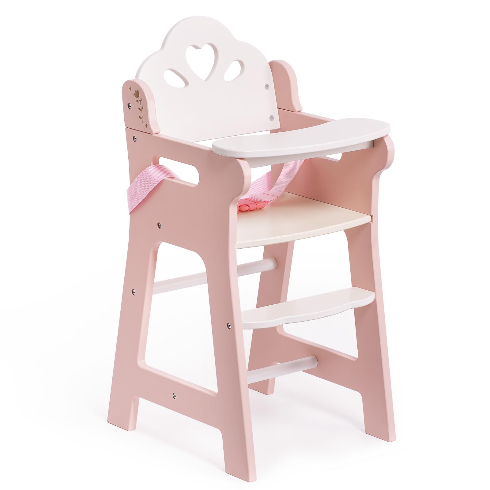 Photo 1 of **INCOMPLETE** ROBOTIME High Chair for Pretend Play, Wooden Baby Doll Furniture with Safety Belt and Footrest, Fits 18 Inch Dolls, Gift for Ages 3+, White/Pink