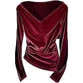 SweatyRocks Women's Velvet Long Sleeve T Shirts Casual V Neck Ruched Fitted Date Night Tee Tops