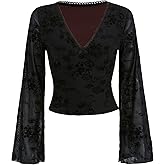 Floerns Women's Floral Print Flare Sleeve Lace Trim Mesh Crop Top Tee Shirts