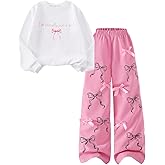 BEAUDRM Girl's 2 Piece Outfits Letter Bow Graphic Long Sleeve Sweatshirt and Sweatpants Parachute Pants Tracksuit Sets