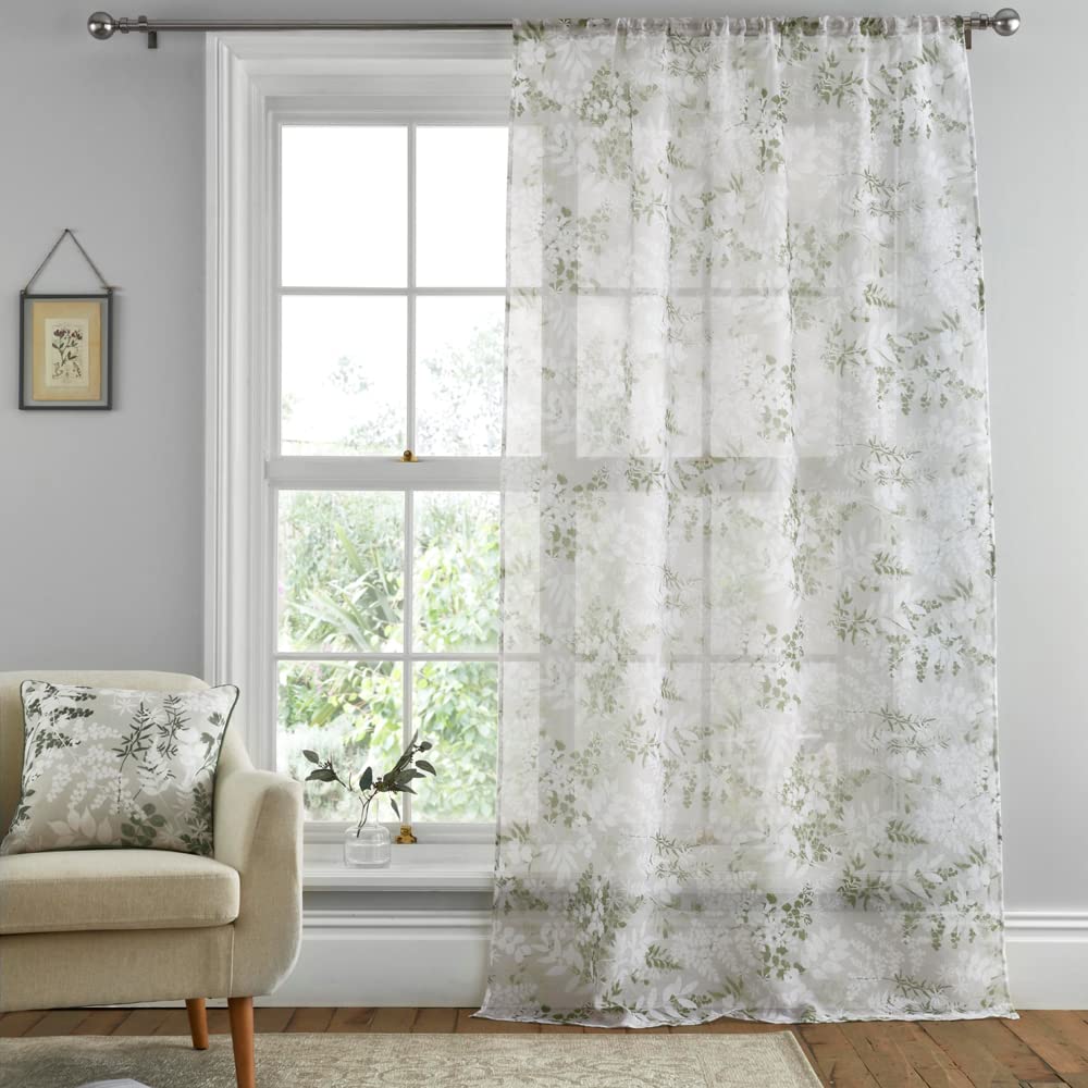 Dreams & Drapes - Single Net Curtain for Windows W55 x L90 (140 x 228cm) - Voile Curtain for Bedroom/Living Room - Floral & Leaf Voile Sheer Curtain - Tiverton Collection, Green