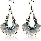 Boho Chic Handmade Hollow Shield Shape with Hammered Drop Earrings Vintage Statement Dangle Earring For Women (Bronze)