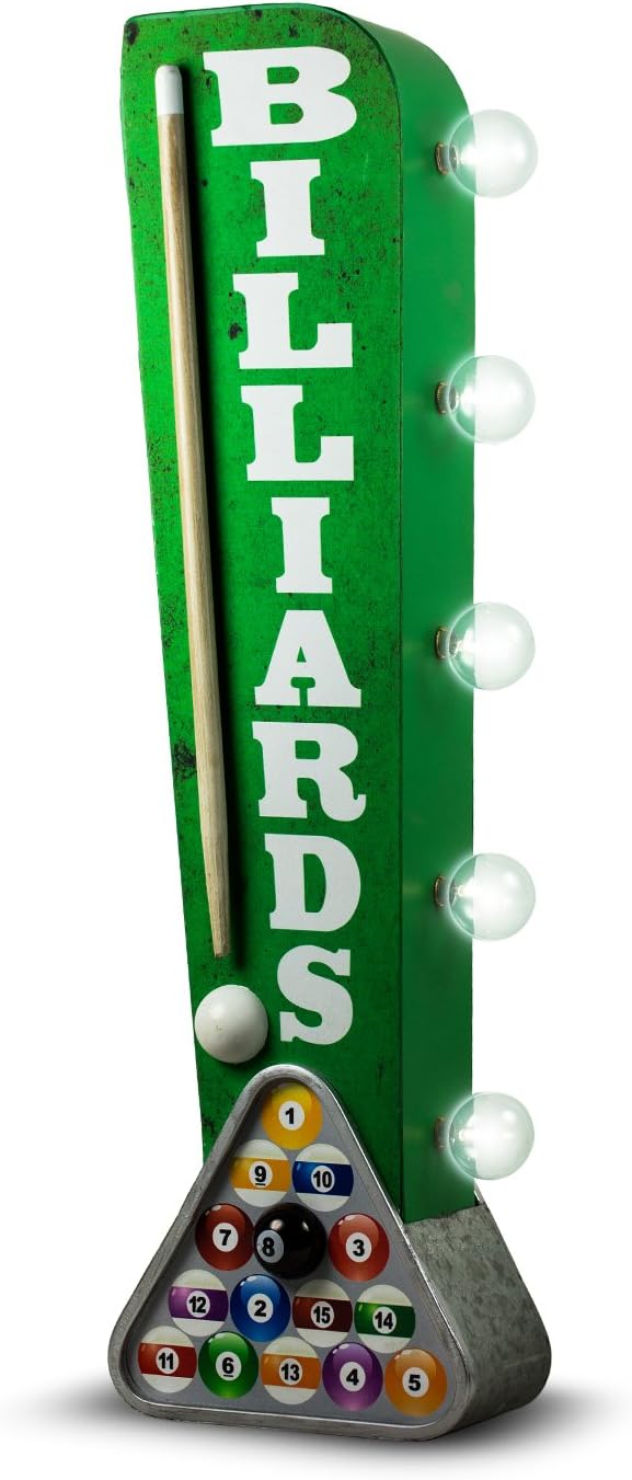 Billiards Pool Hall Reproduction Vintage Advertising Sign - Battery Powered LED Lights - Double Sided Metal Marquee Display - 25 x 6 x 4 inches