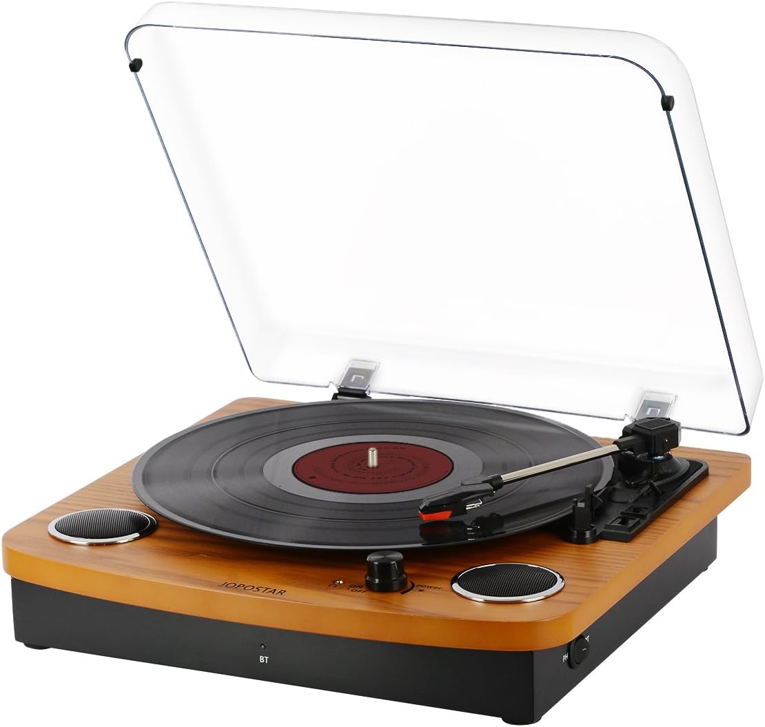 Bluetooth Turntable,JOPOSTAR Vinly Record Player Built-in Dual Stereo Speakers, LP 3-Speed Belt Driven, Aux Input & RCA Output, Natural Wood