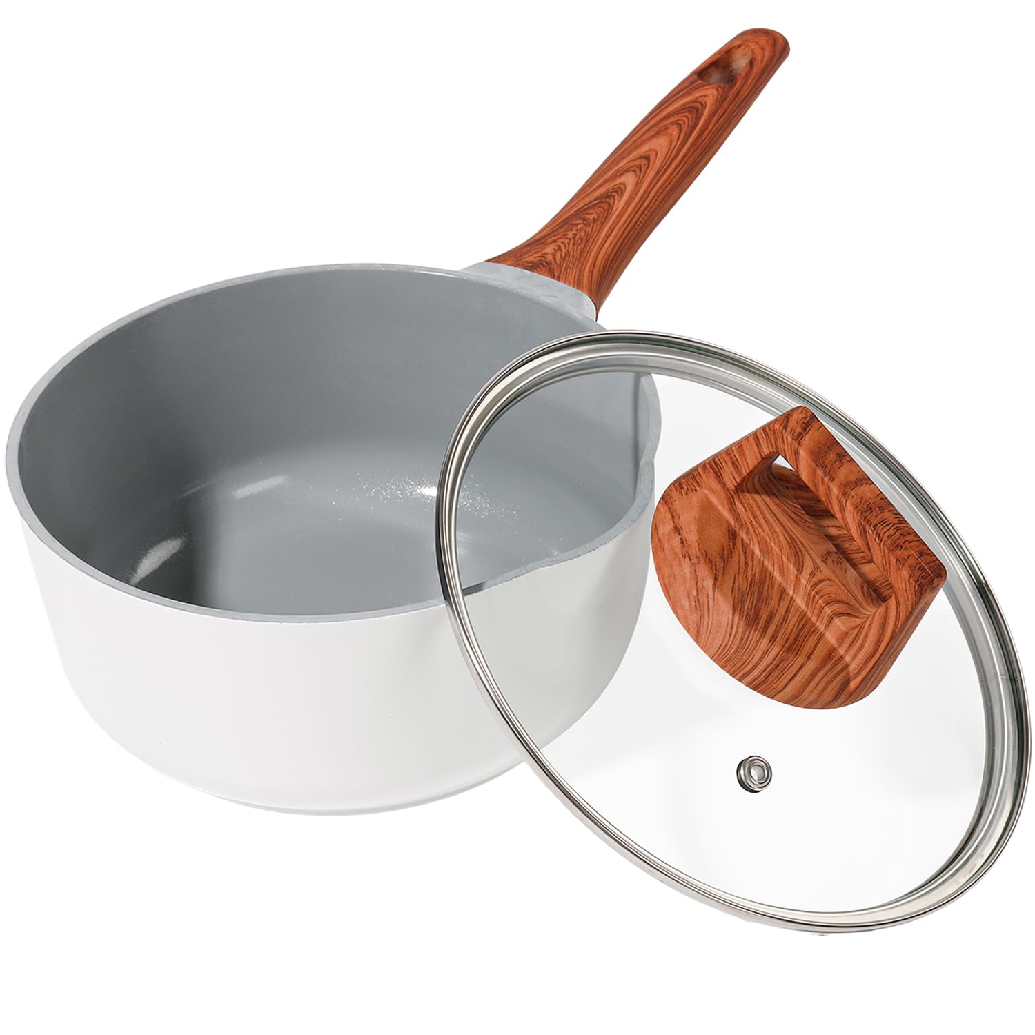 Photo 1 of 2 Quart Nonstick Sauce pan with Lid, Ceramic Sauce Pot for Cooking with Pour Spout, Small Cooking Pot with Handle for Stove, Induction, Gas, Non Toxic, PFOA Free (White, 1 PCS)