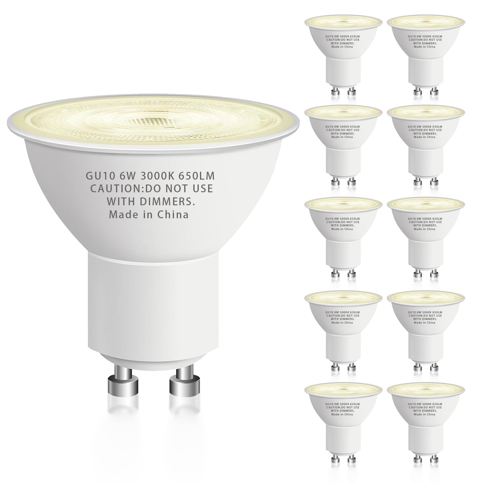 Photo 1 of GU10 Led Bulb 6W Equivalent 50W, MR16 Led Bulb 3000K Soft White Light Bulbs, 650 Lumens, Non-Dimmable, GU10 Base, 2 Prong Track Energy Saving Light Bulbs for Kitchen, Living Room, Bedroom, 10 Pack