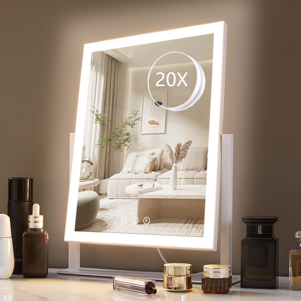 Photo 1 of HIEEY Lighted Makeup Mirror, Hollywood Vanity Mirror with Lights, Three Color Lighting Modes, with 4in 20X Magnification Mirror, Smart Touch Control, 360°Rotation (17.4in,White,Gift Box)