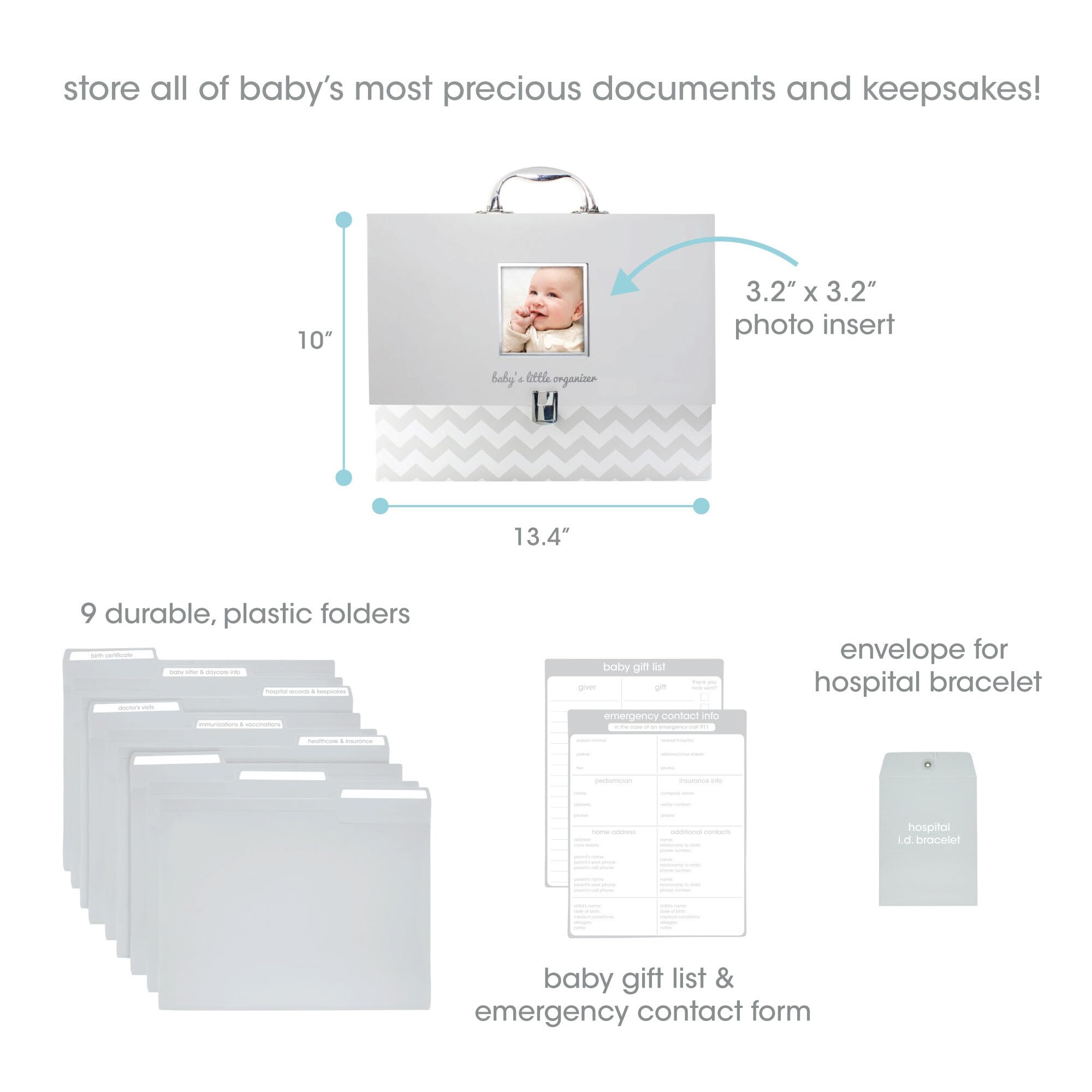 Pearhead Baby Briefcase and Document Organizer, All In One Expanding File Folder, Baby's Paperwork and Records, Newborn Keepsake and Memory Box with Labels, Baby Girl or Baby Boy Gift, Gray Chevron