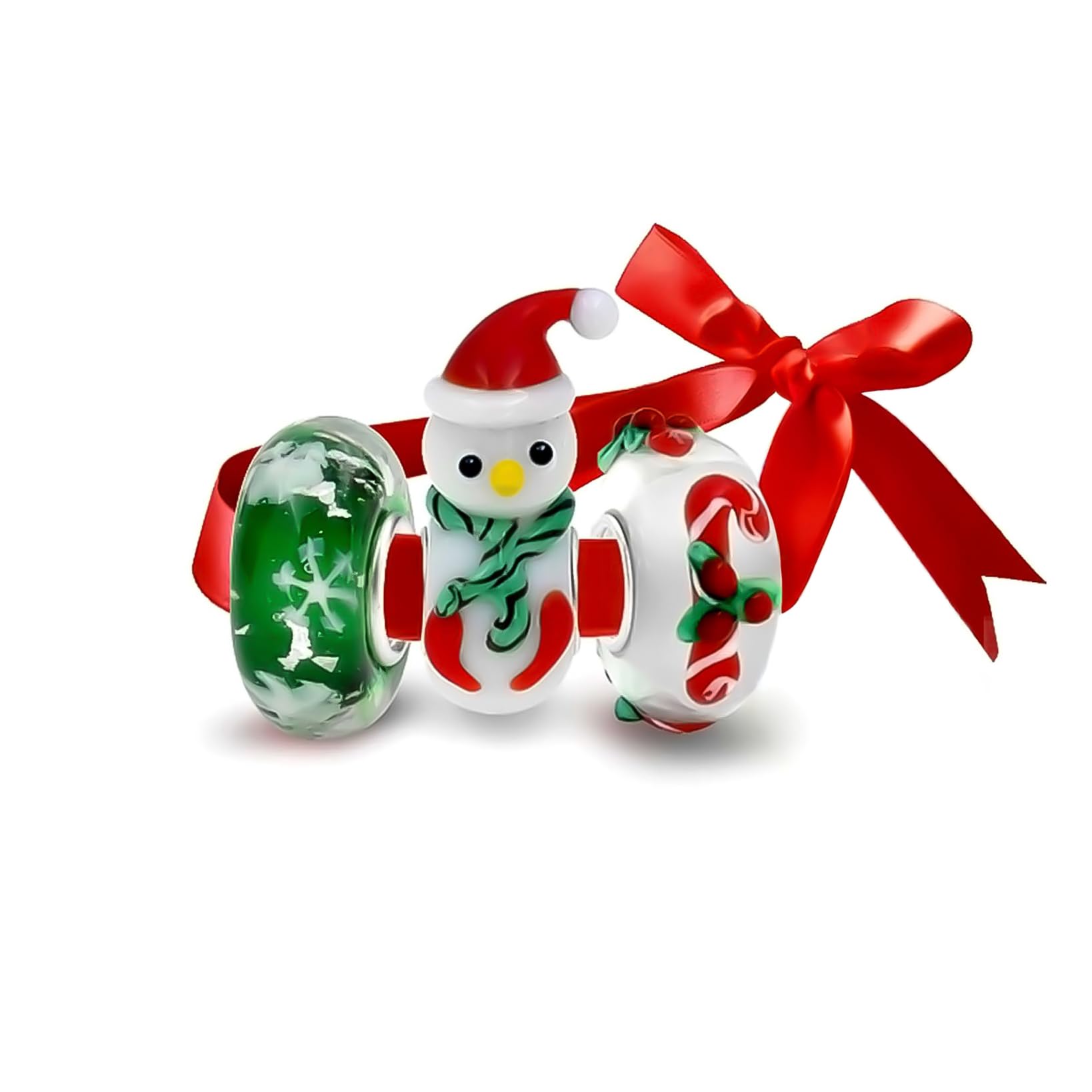 Bling Jewelry 4 Murano Glass Christmas Set Reindeer Candy Cane Snowman Snowflake Charm Bead For Teen For Women .925 Sterling Silver