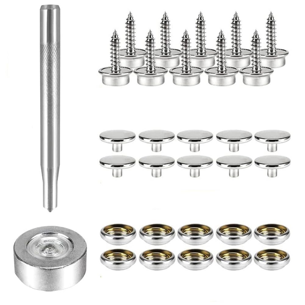 32 Pcs Screw Snap Fastener Kit Press Studs Cap Button Stainless Steel Snap Fasteners Kit for DIY Projects Clothing Sewing Boat Cover Leather Crafts 15MM