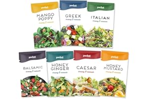 HALL & PERRY Pocket Flavors Low Calorie, Low Fat, Keto Friendly Lite Salad Dressing - Ready to Serve Individual Pouches, 1 oz each (7 Pack, Variety)