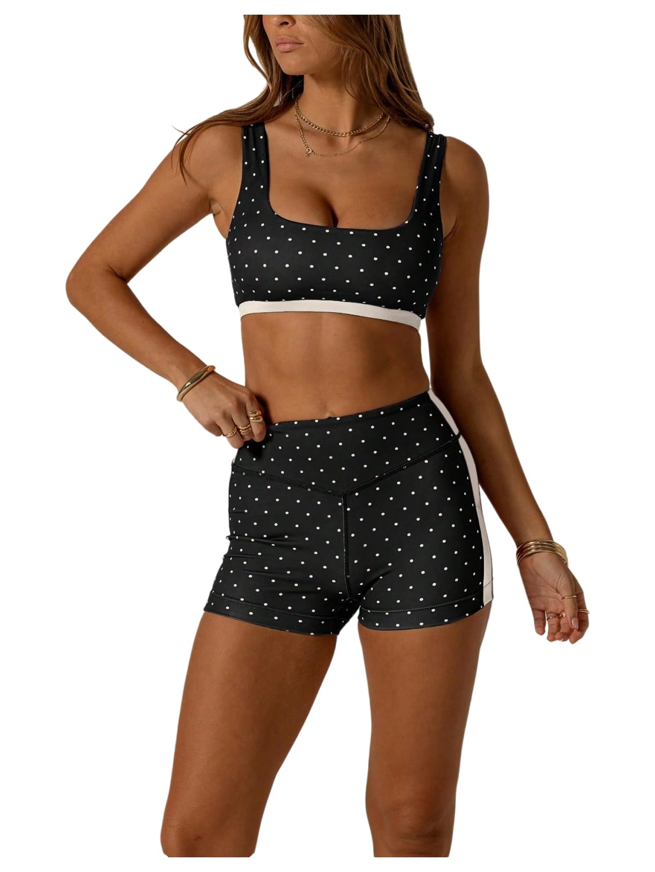 Photo 1 of SOLY HUX Women's Tracksuit 2 Piece Outfits Polka Dots Crop Tank Tops and High Waisted Biker Shorts Workout Sets Black and White Large