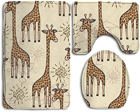 Bath Mat,3 Piece Bathroom Rug Set,Giraffe Flannel Non Slip Toilet Seat Cover Set,Large Contour Mat,Lid Cover For Men/Women
