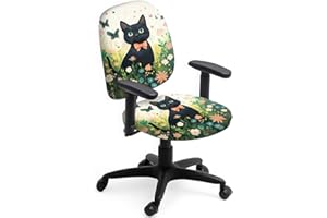 Hobbspring Black Cat Flower Office Chair Cover Set 2pcs Stretchable Polyester Computer Chairs Covers Garden Cat Washable Slipcover for Universal Desk Rotating Chair Protection