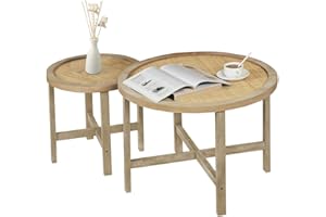 Anmytek Set of 2 Round Nesting Coffee Tables with Natural Rattan, Mid Century Wood End Table Rustic Accent Side Table for Living Room T0012
